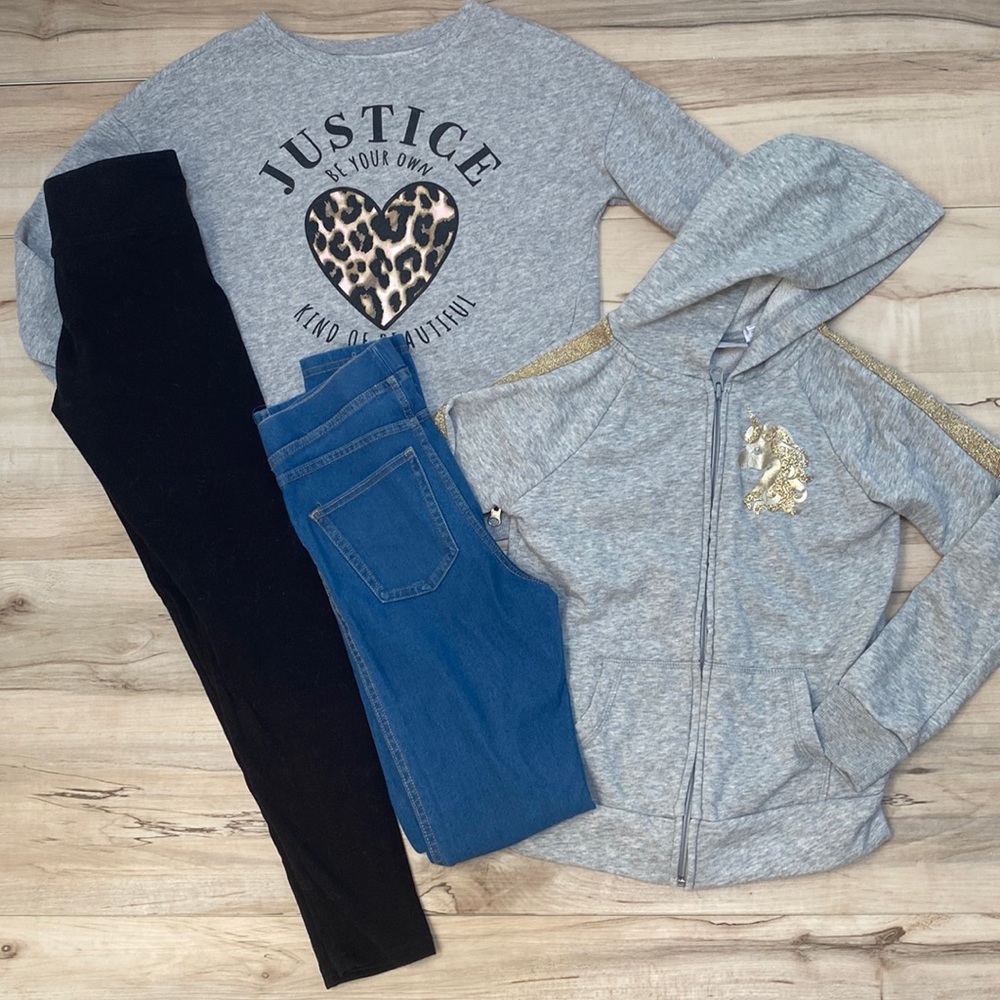 Justice/Childrens Place Girls Size 8 Sweatshirt And Leggings Bundle. 2 Outfits.
